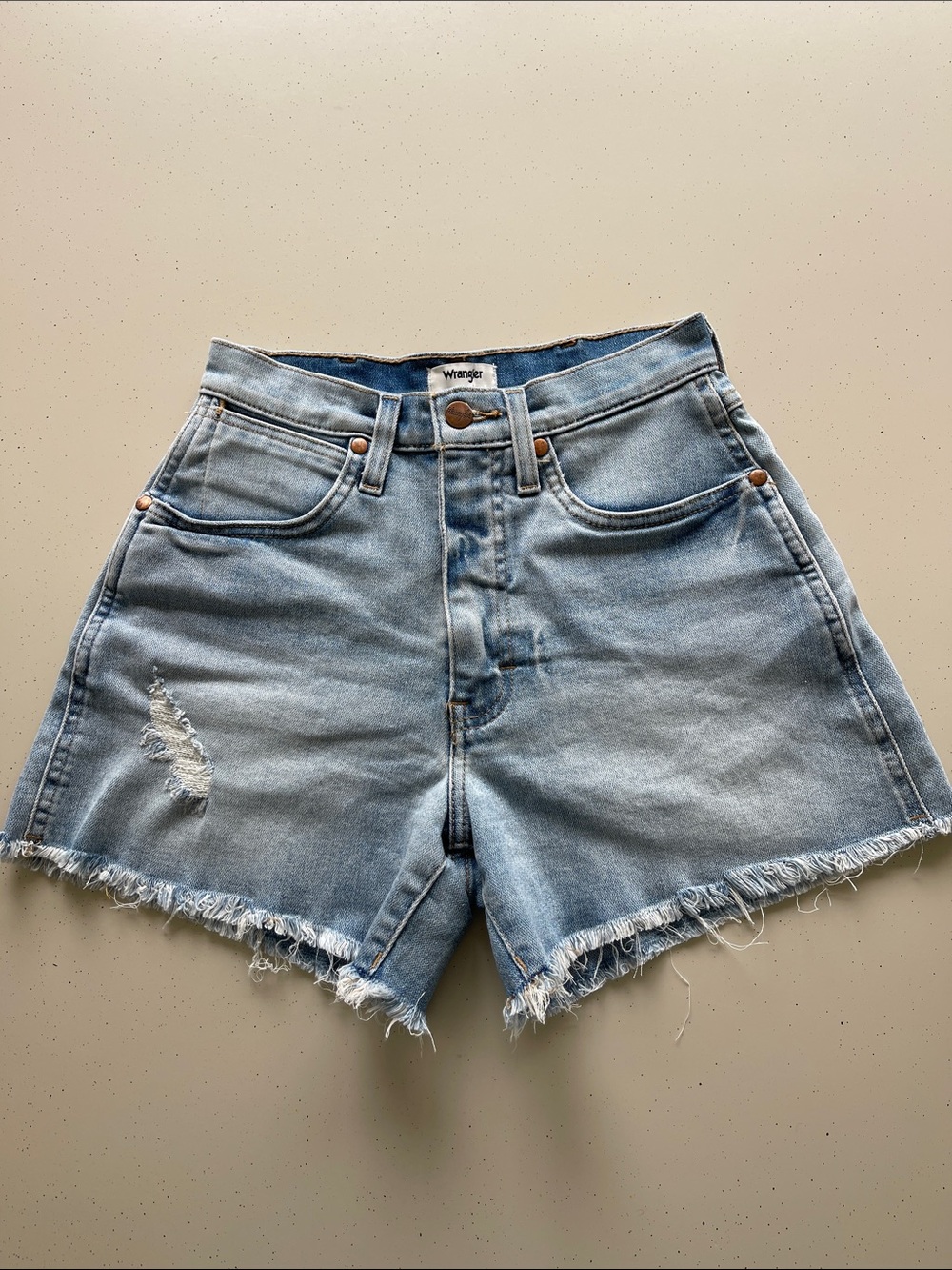 Wrangler Light Blue Distressed Denim Shorts with Frayed Hem
